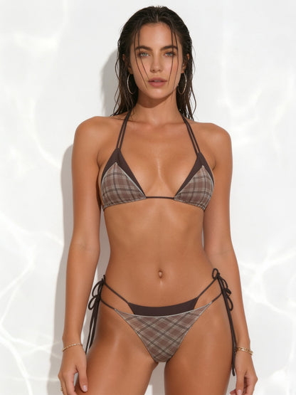 Brown Plaid Print Halter Triangle Bikini