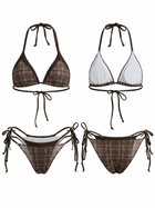 Brown Plaid Print Halter Triangle Bikini