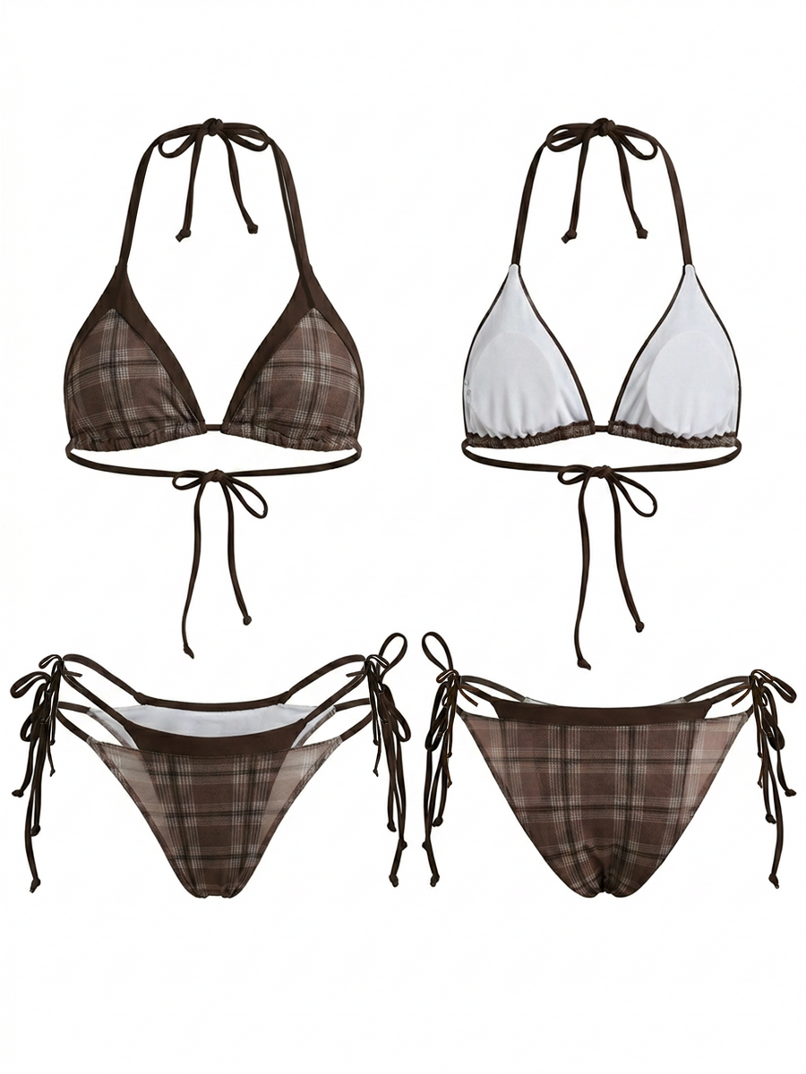 Brown Plaid Print Halter Triangle Bikini