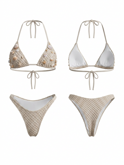 Crochet Shell Decor Halter Triangle Bikini Set