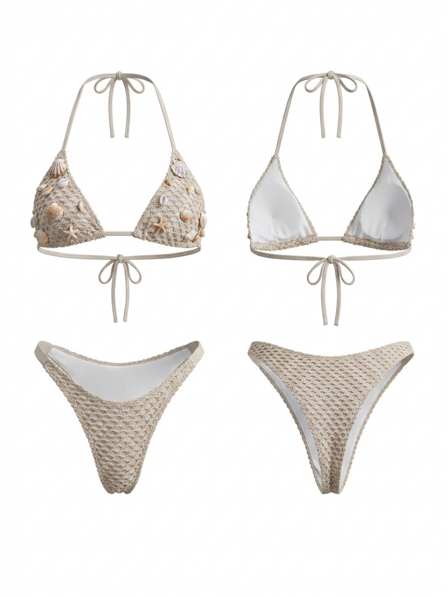 Crochet Shell Decor Halter Triangle Bikini Set
