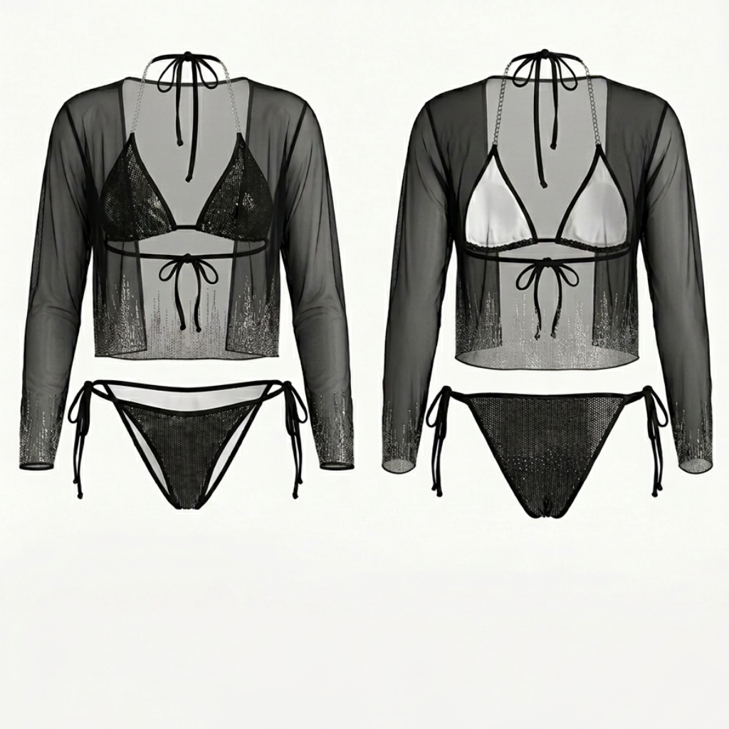 Rhinestone Black Triangle Bikini 3-Piece Set