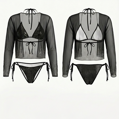 Rhinestone Black Triangle Bikini 3-Piece Set