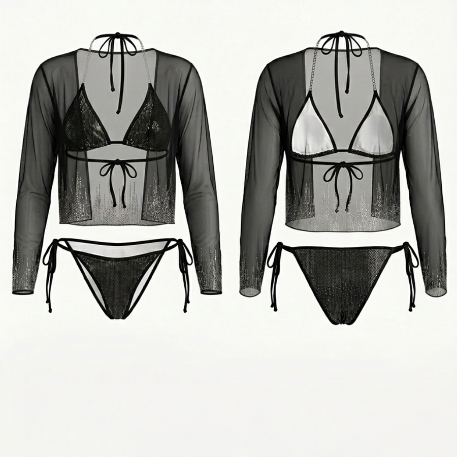 Rhinestone Black Triangle Bikini 3-Piece Set