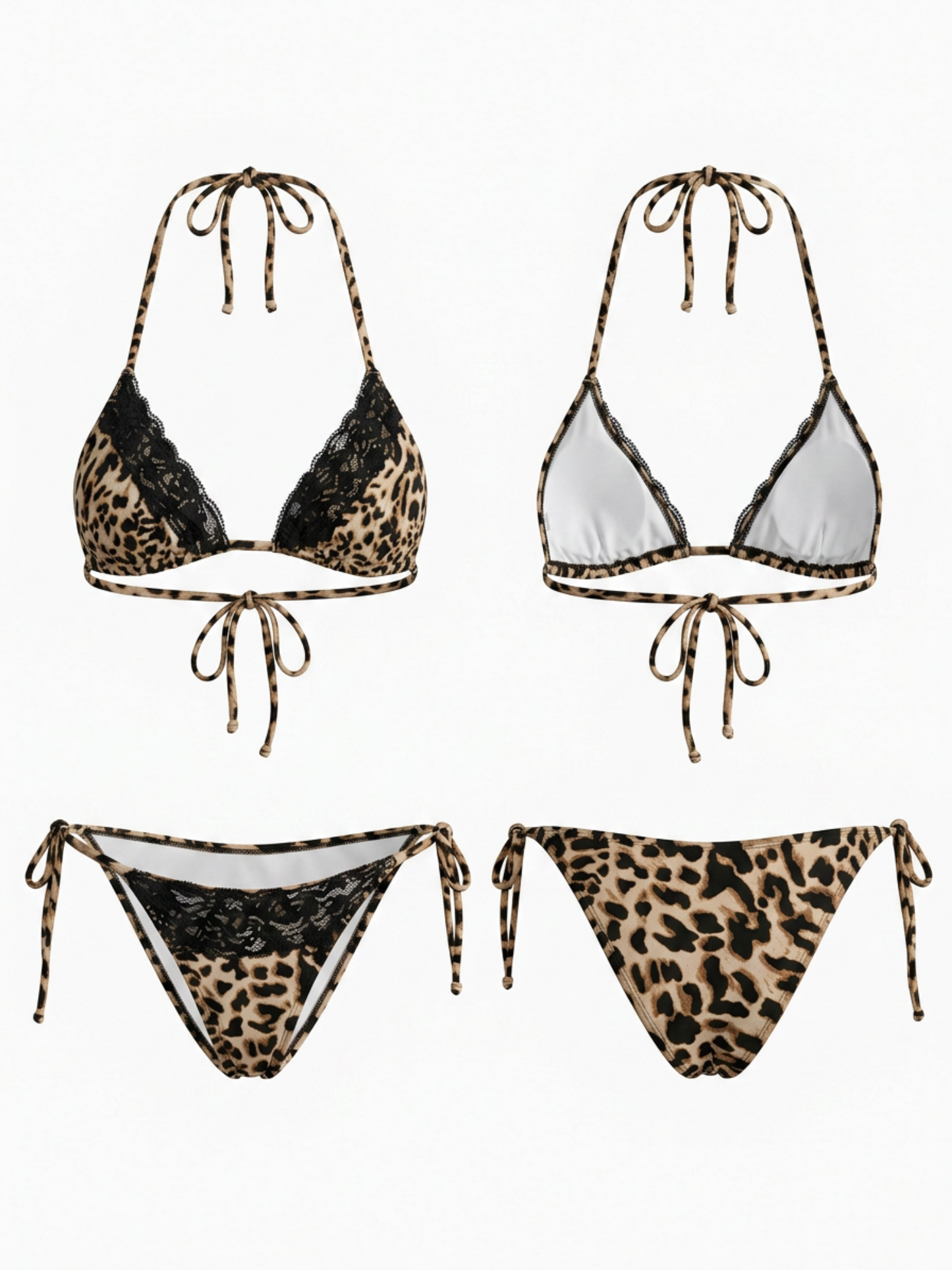 Leopard Print Lace-Trimmed Halter Bikini