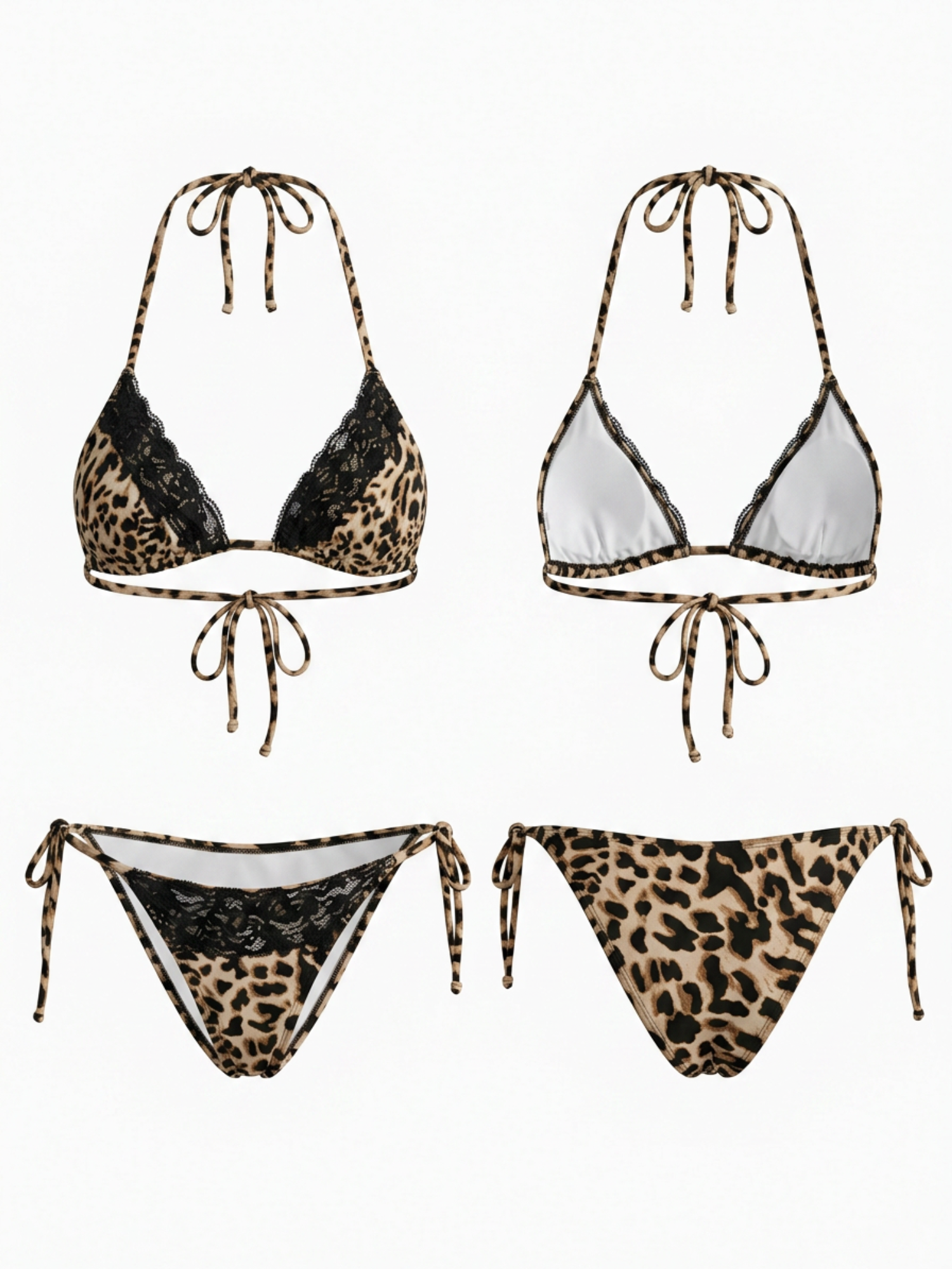 Leopard Print Lace-Trimmed Halter Bikini