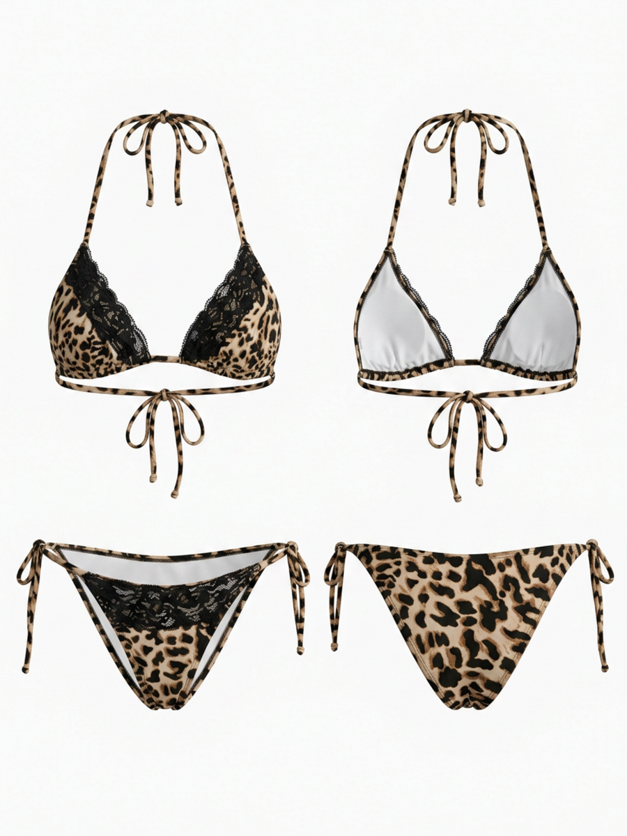Leopard Print Lace-Trimmed Halter Bikini