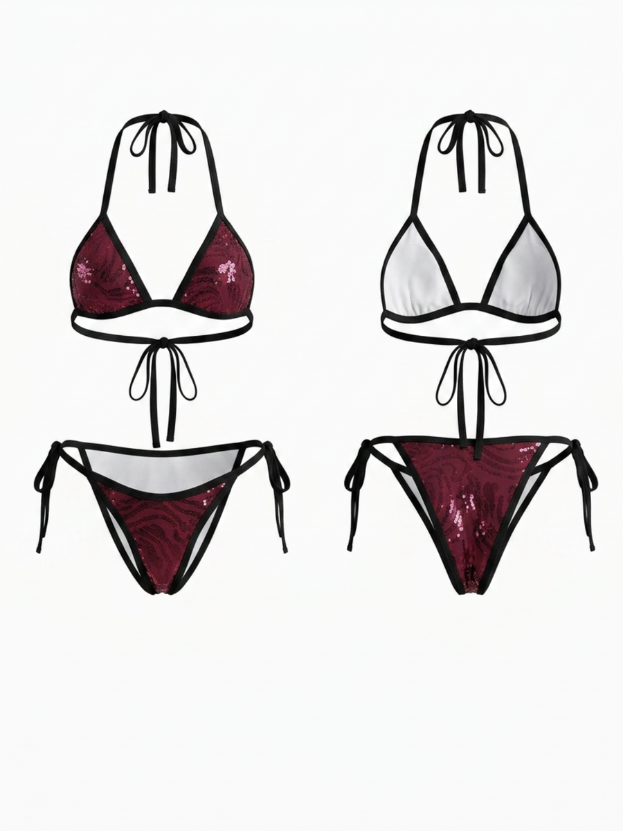 Shiny Magenta Halter Triangle Bikini Set