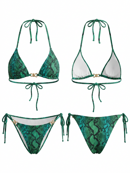 Green Snake Print Halter Bikini Set