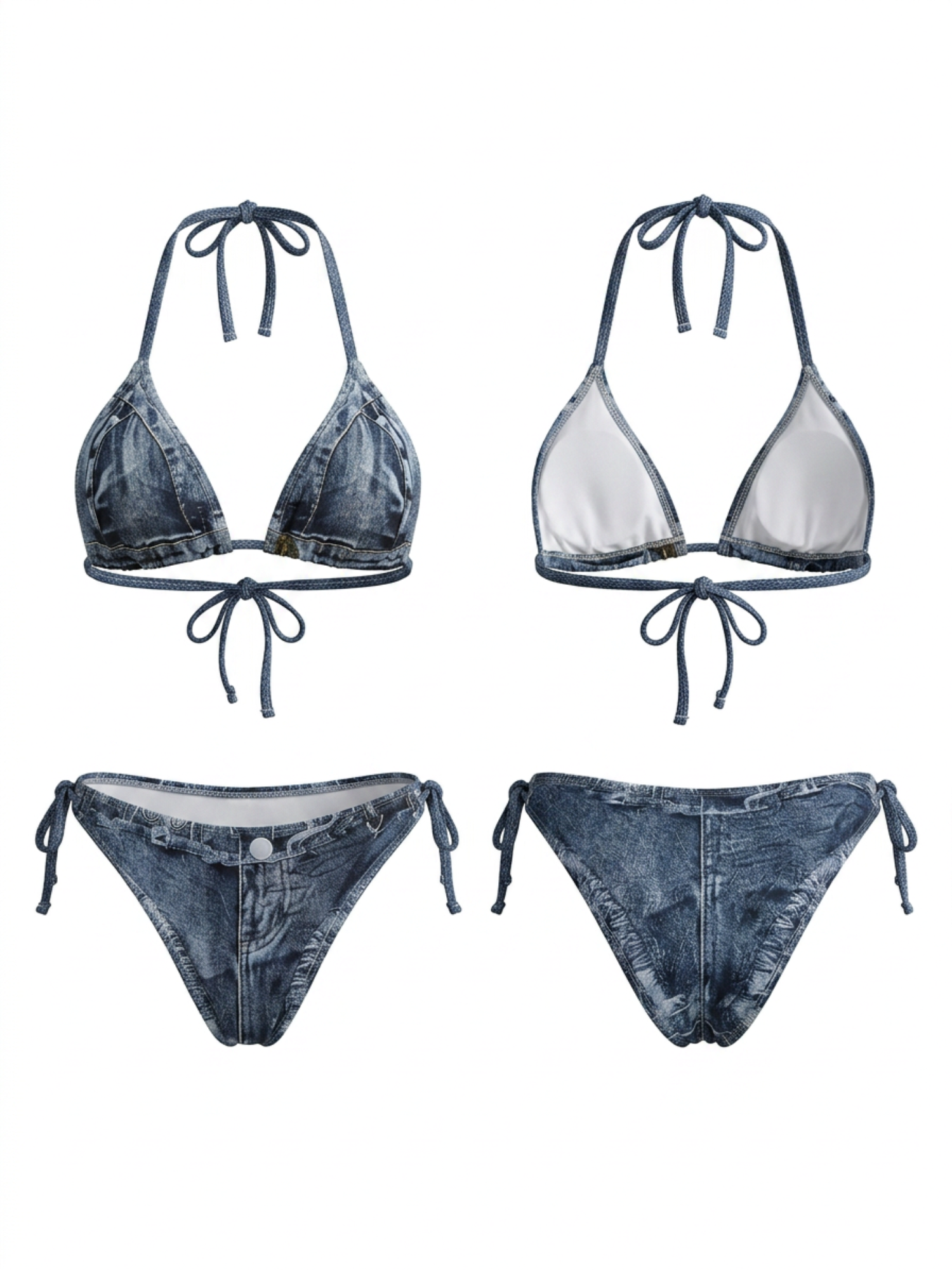 Denim Print Halter Triangle Bikini Set