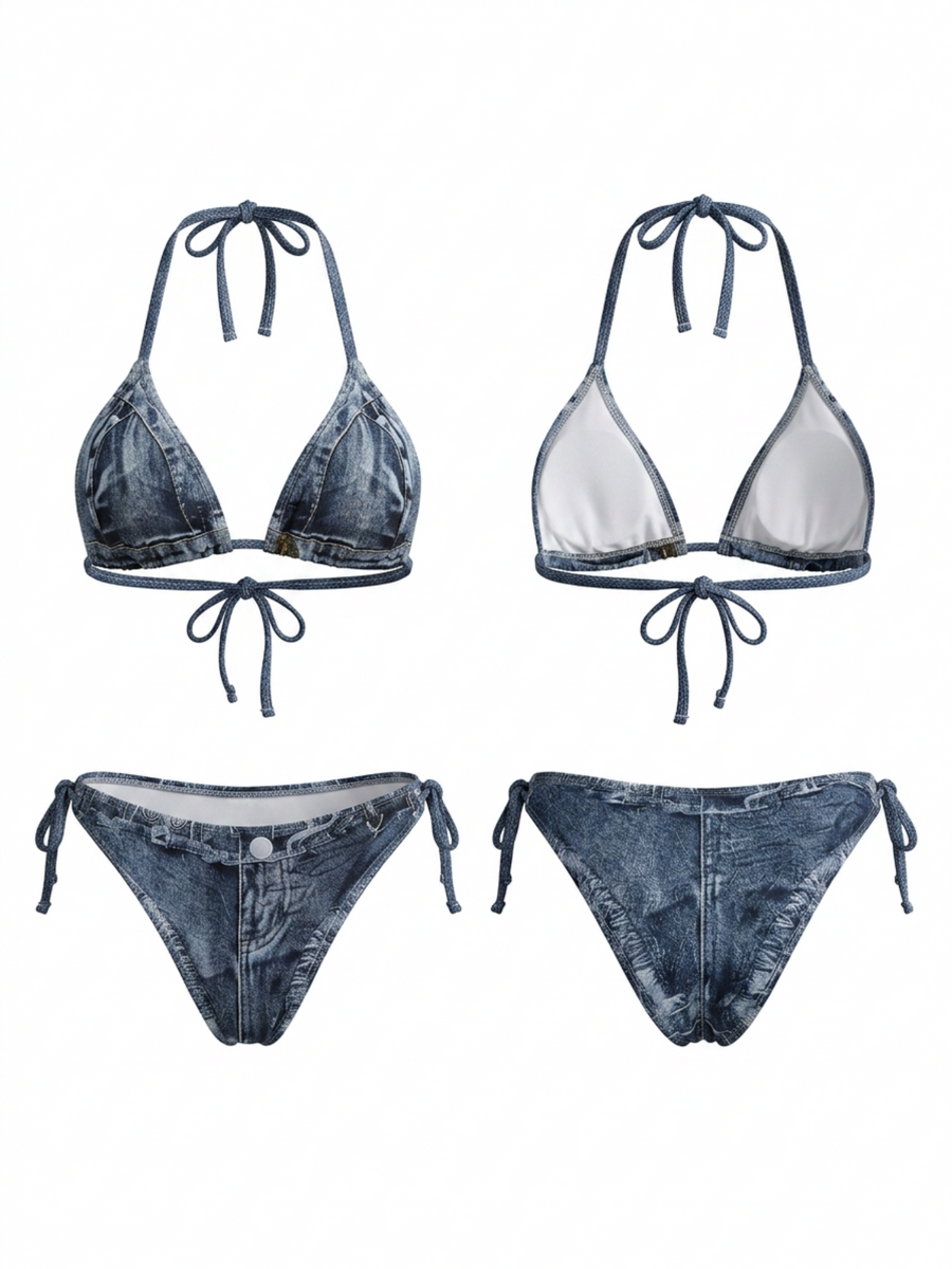 Denim Print Halter Triangle Bikini Set