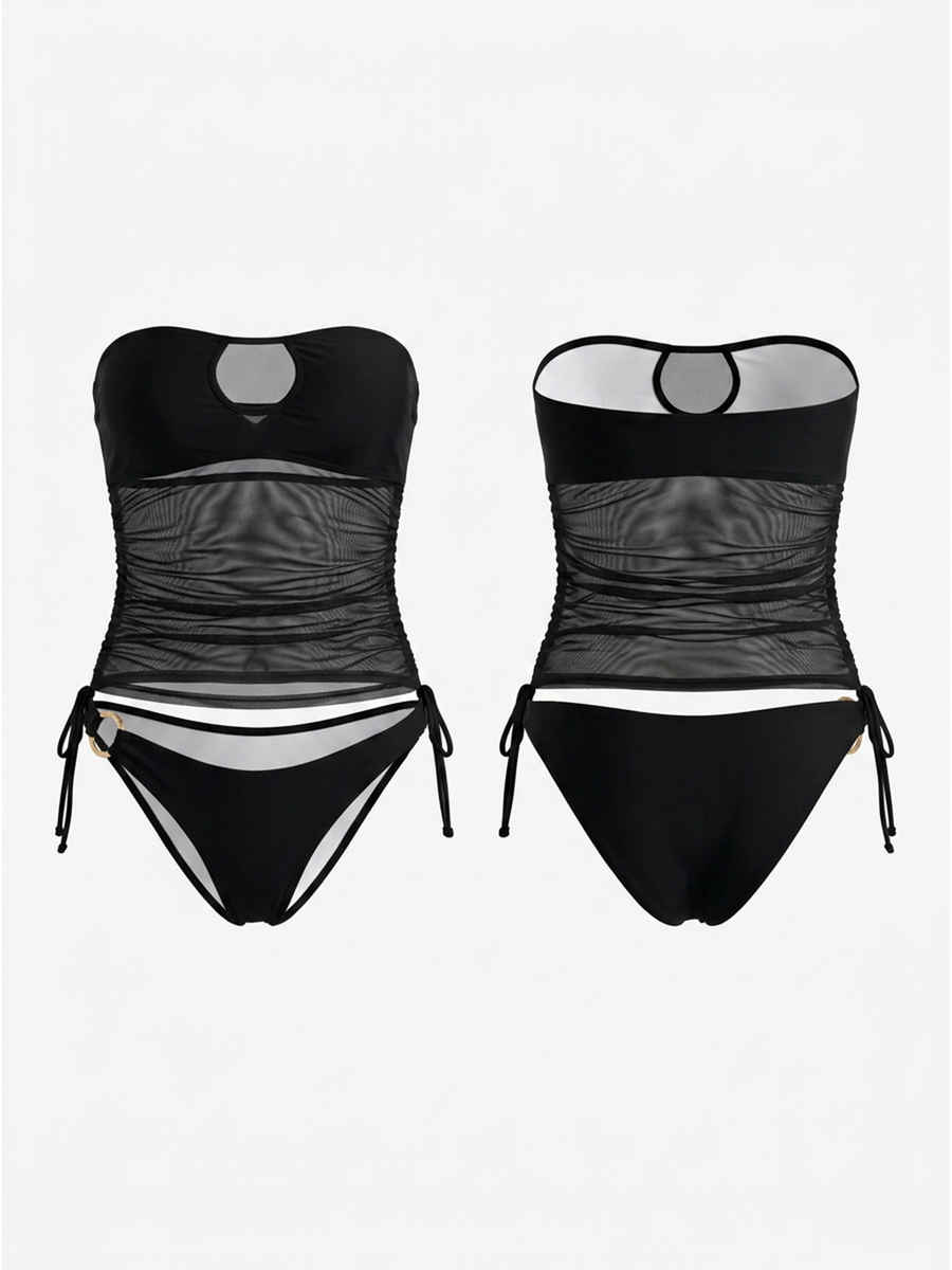 Sheer Mesh Bandeau Tankini with Side Tie Bikini