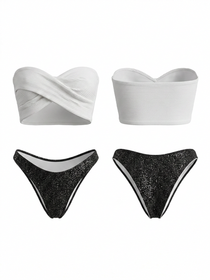 White Textured Cross-Over Bandeau Bikini