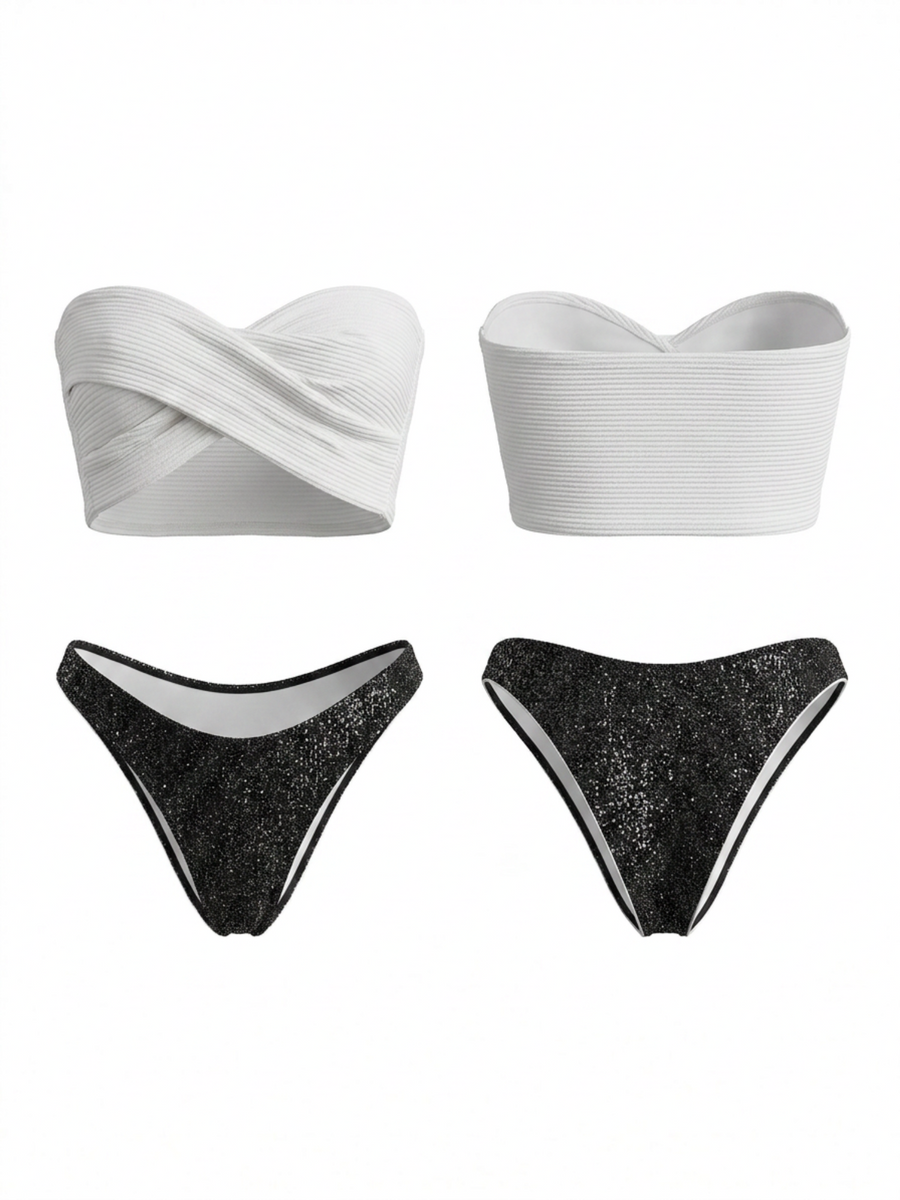 White Textured Cross-Over Bandeau Bikini
