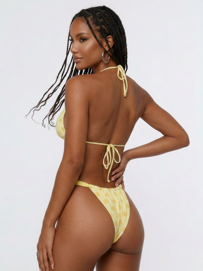 Yellow Polka Dot Halter Triangle Bikini Set