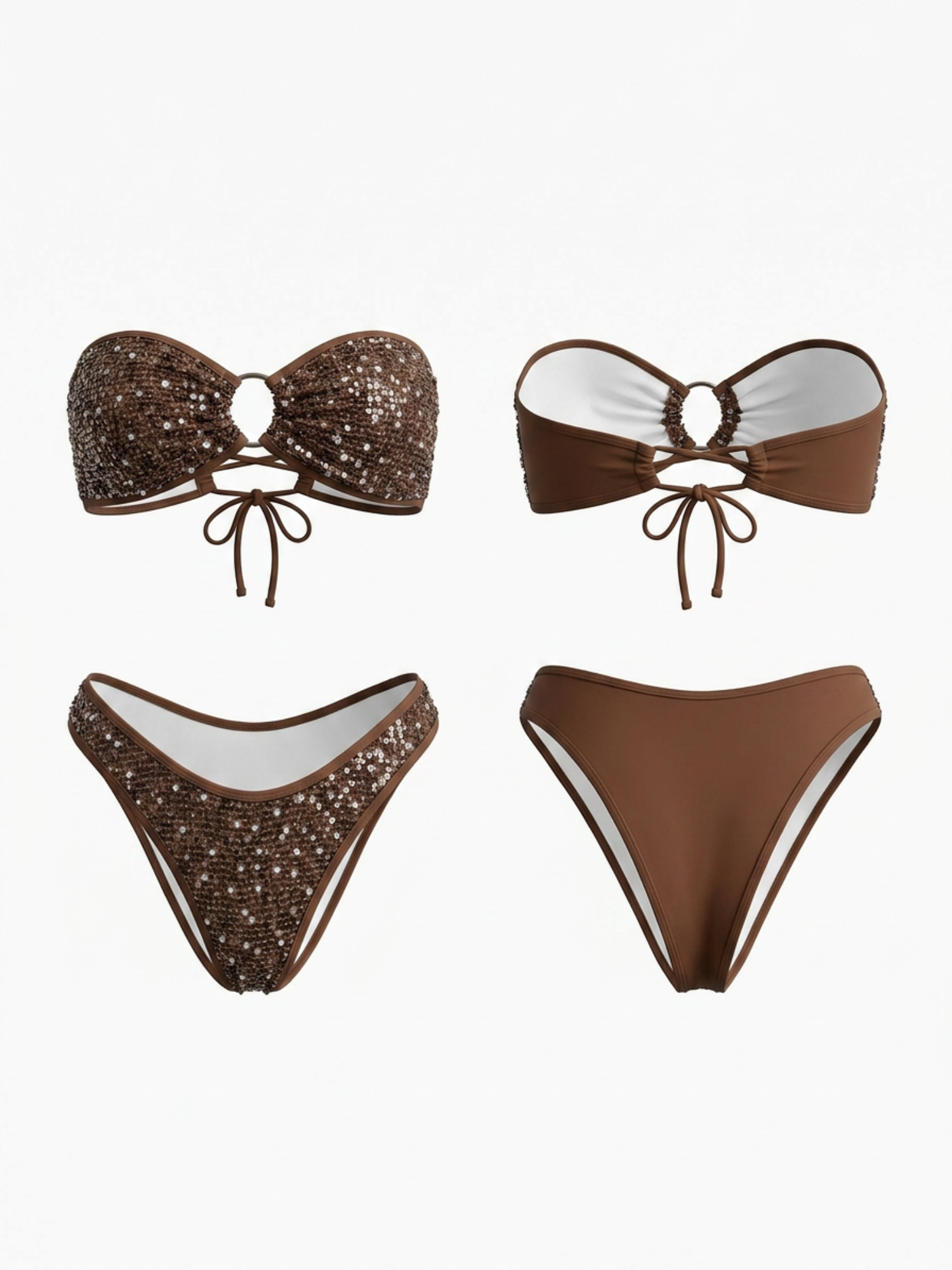 Brown Sequin Bandeau Bikini Set