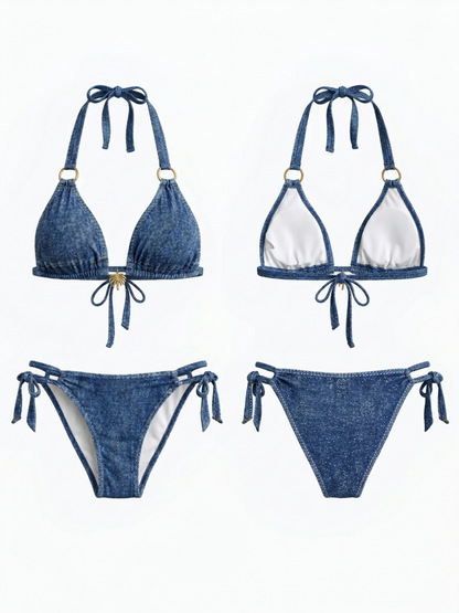 Denim-Look Halter Triangle Bikini Set