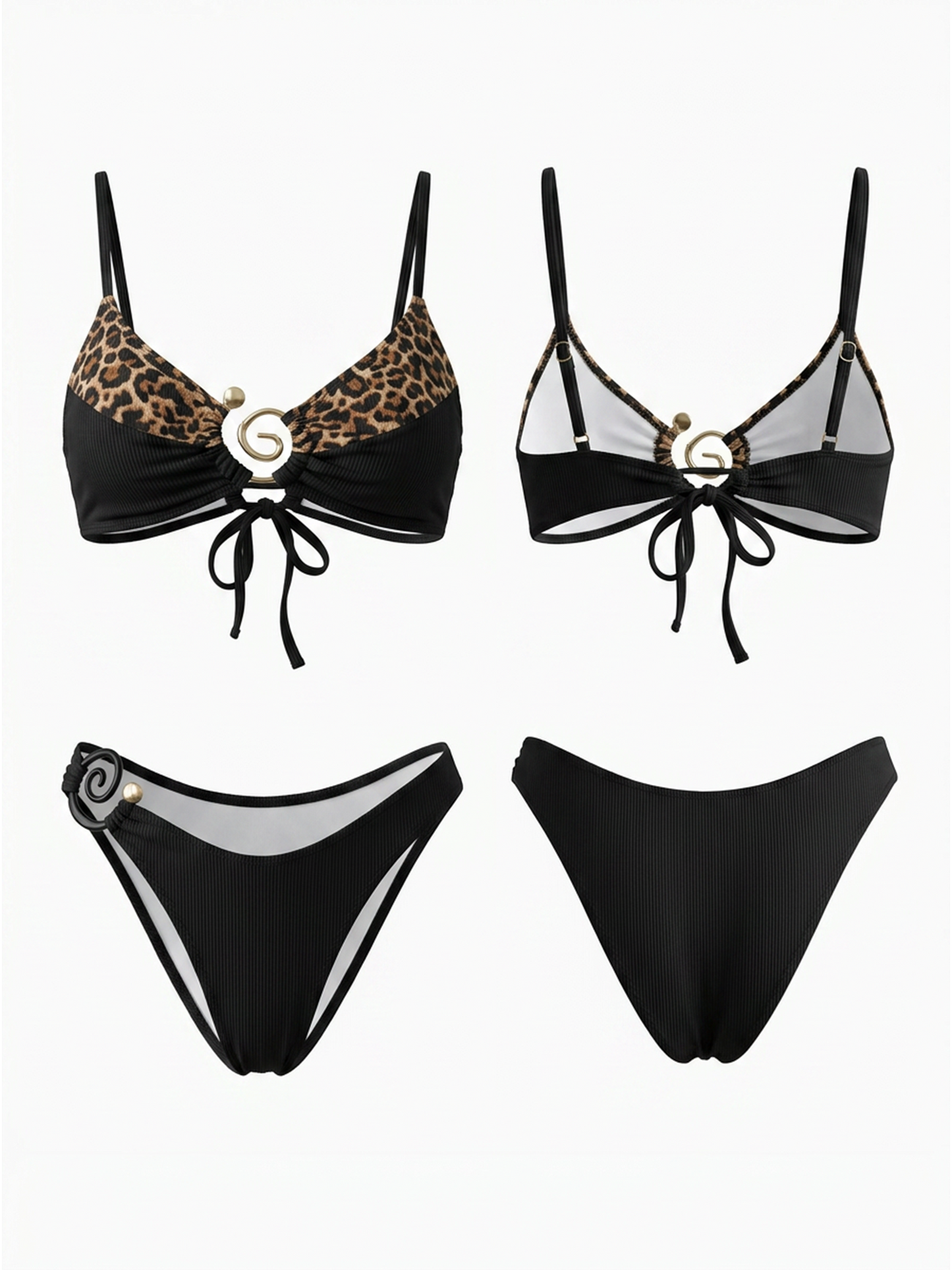Leopard Print & Black Ribbed Bikini Set