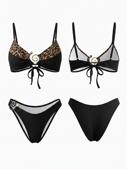 Leopard Print & Black Ribbed Bikini Set