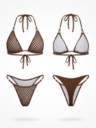 Brown Crochet Mesh Halter Bikini Set