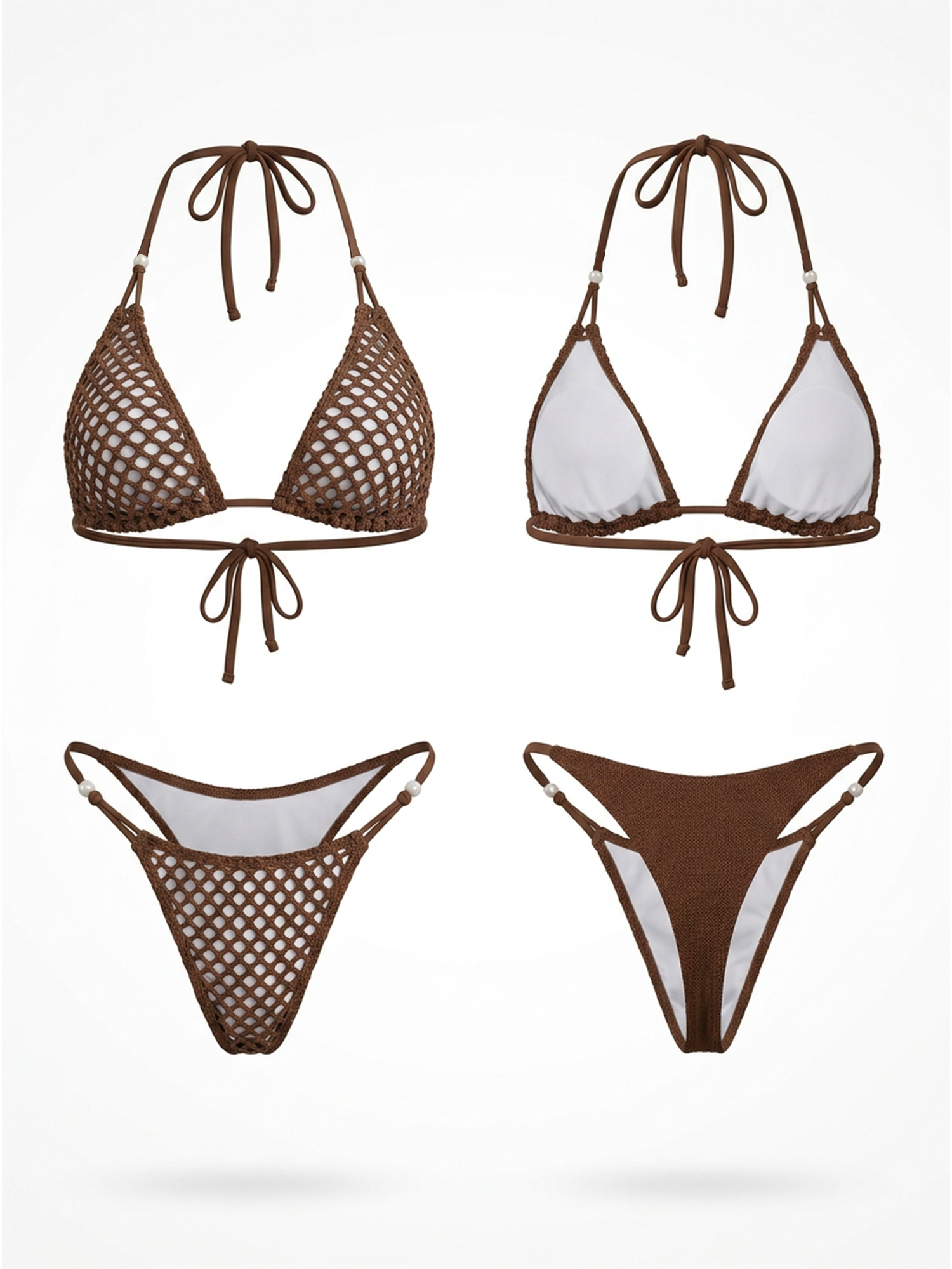 Brown Crochet Mesh Halter Bikini Set