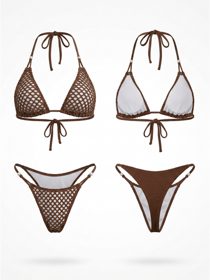 Brown Crochet Mesh Halter Bikini Set