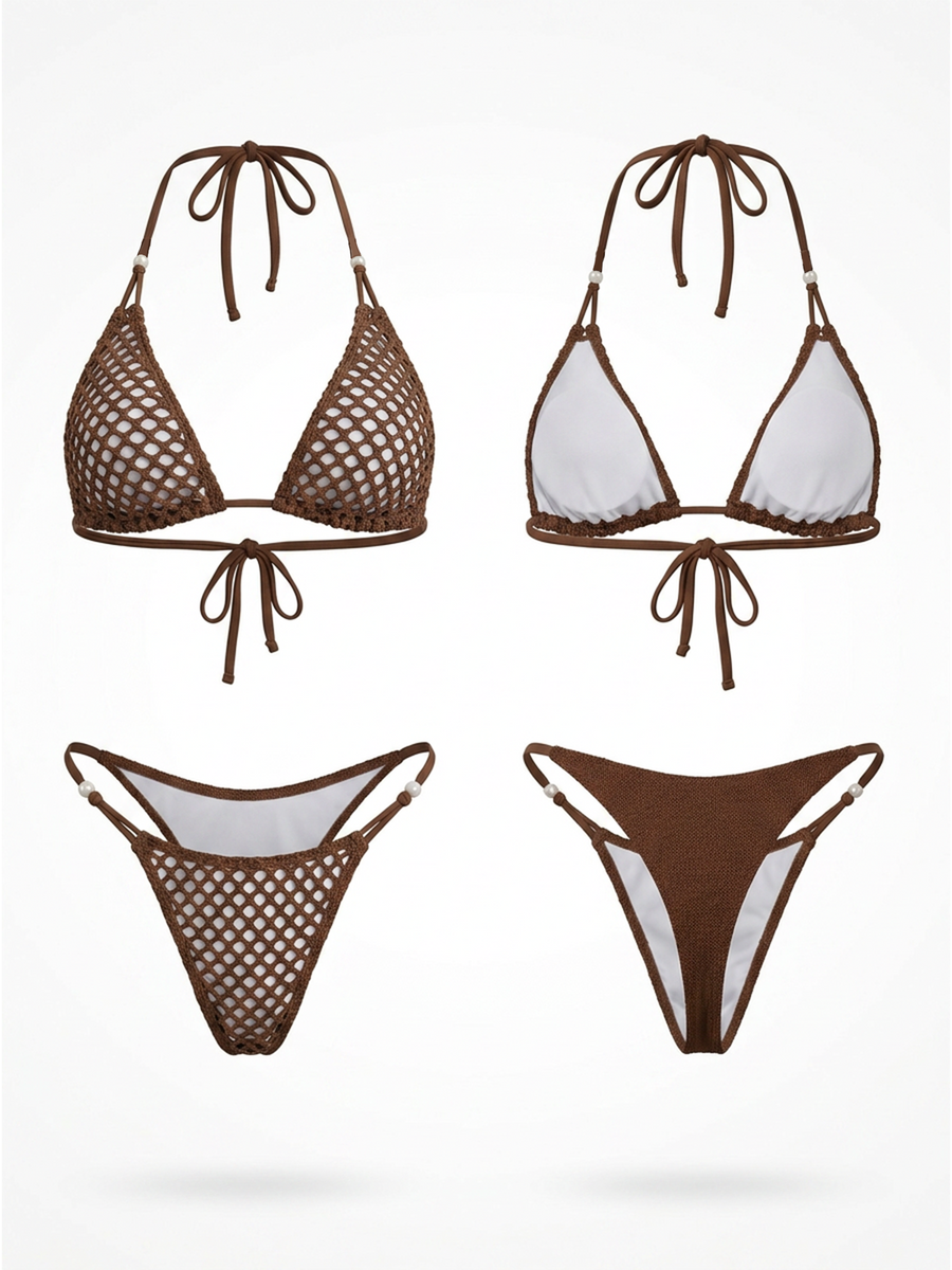 Brown Crochet Mesh Halter Bikini Set