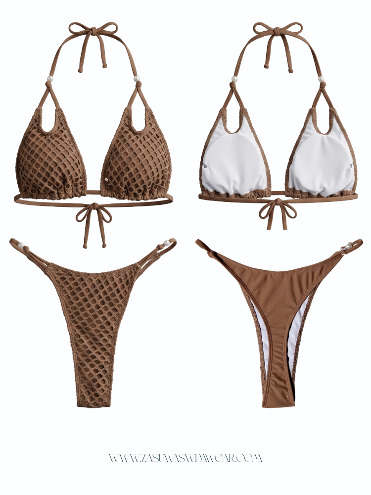 Brown Crochet Mesh Halter Bikini Set