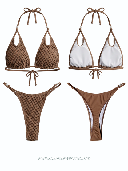 Brown Crochet Mesh Halter Bikini Set