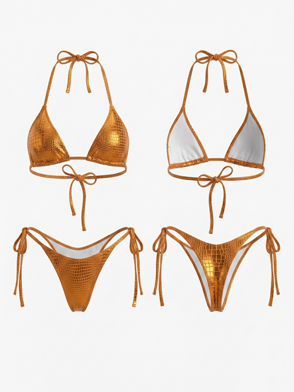 Metallic Orange Crocodile Print Halter Bikini