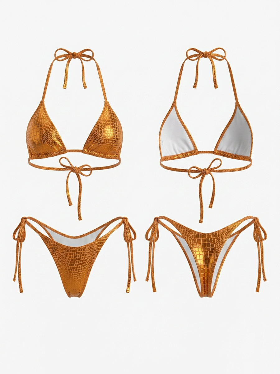 Metallic Orange Crocodile Print Halter Bikini