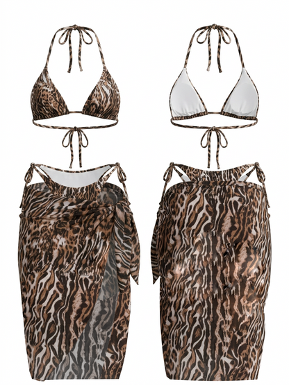 Animal Print Halter Bikini 3-Piece Set
