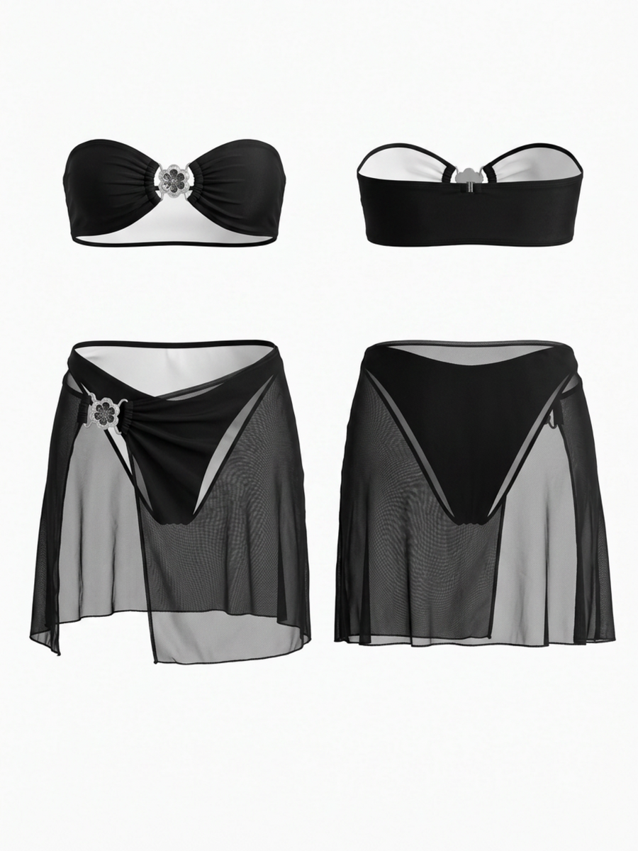 Black Bandeau Bikini 3-Piece Set