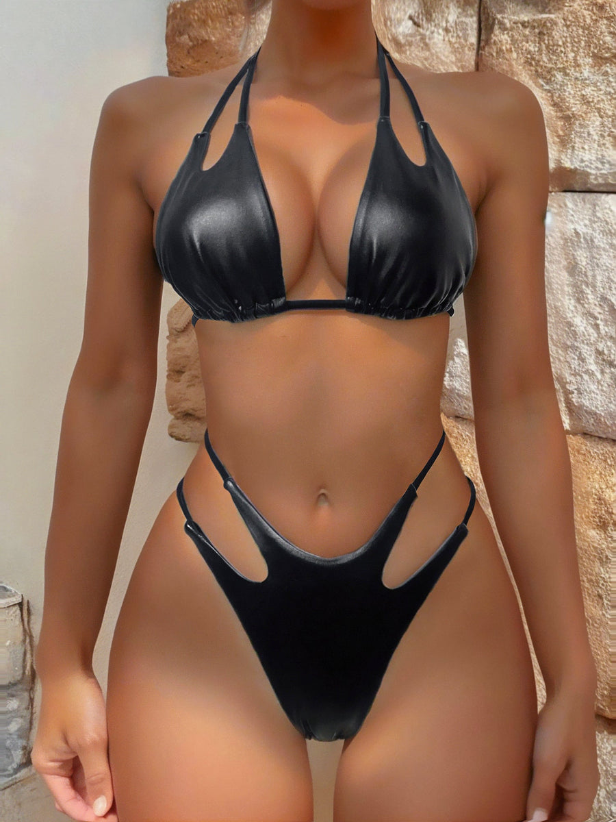 Black Metallic Halter Bikini Set