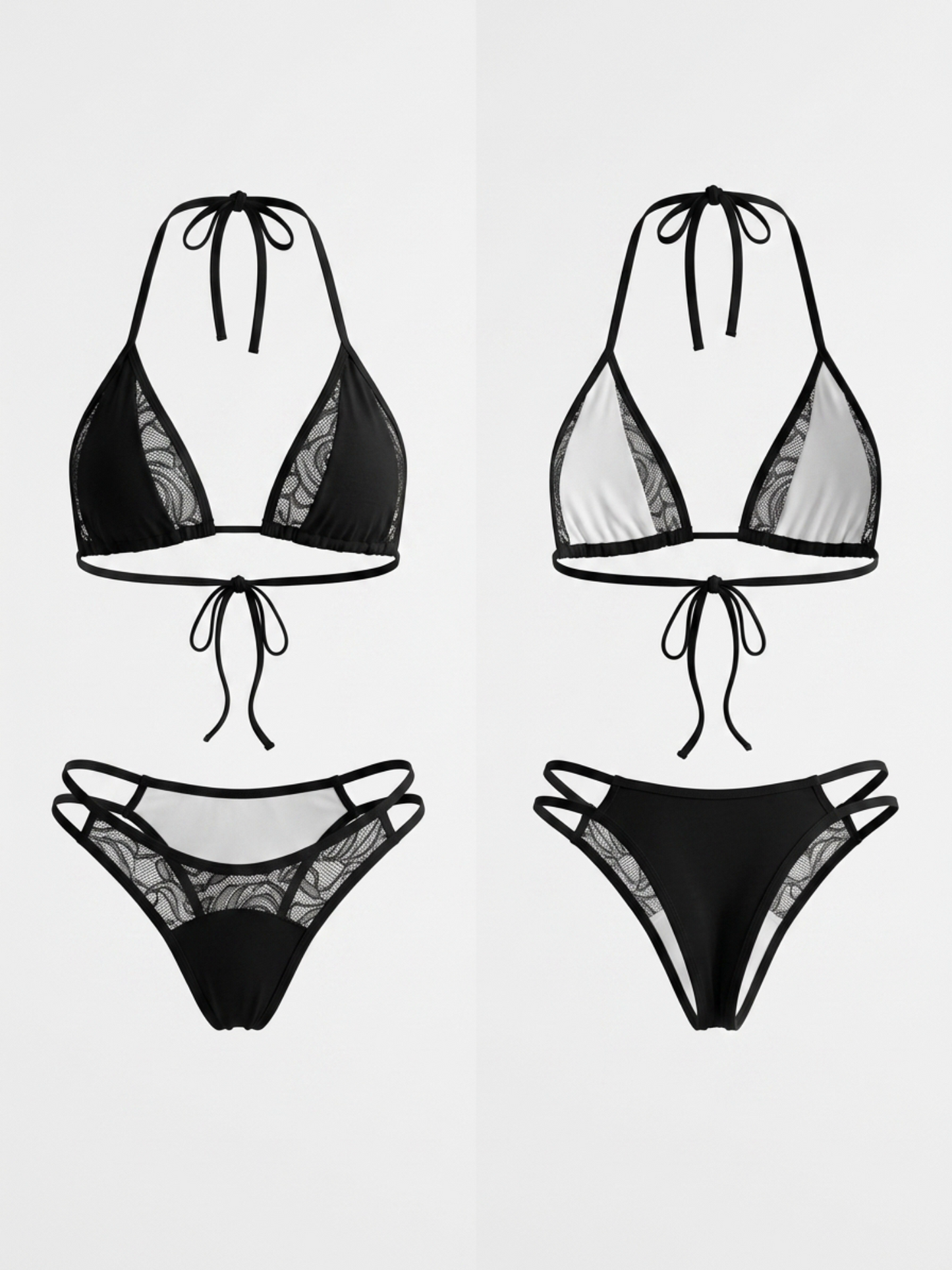 Contrast Solid & Floral Lace Bikini Set