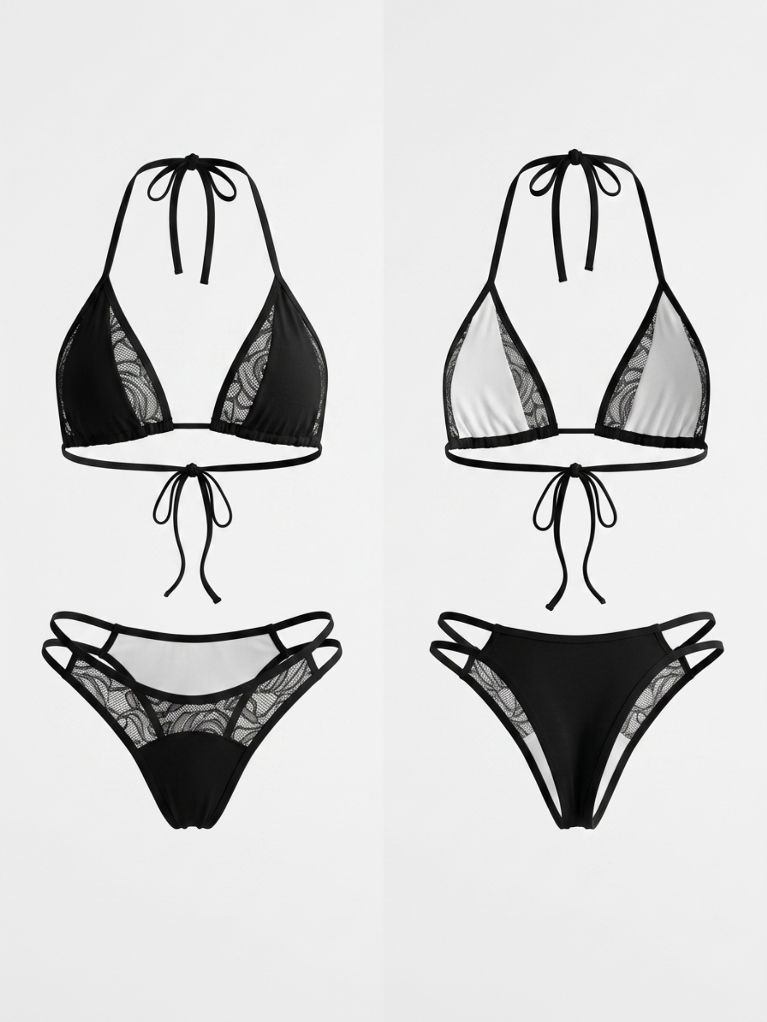 Contrast Solid & Floral Lace Bikini Set