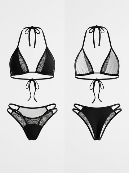 Contrast Solid & Floral Lace Bikini Set