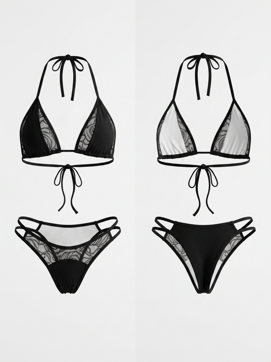 Contrast Solid & Floral Lace Bikini Set
