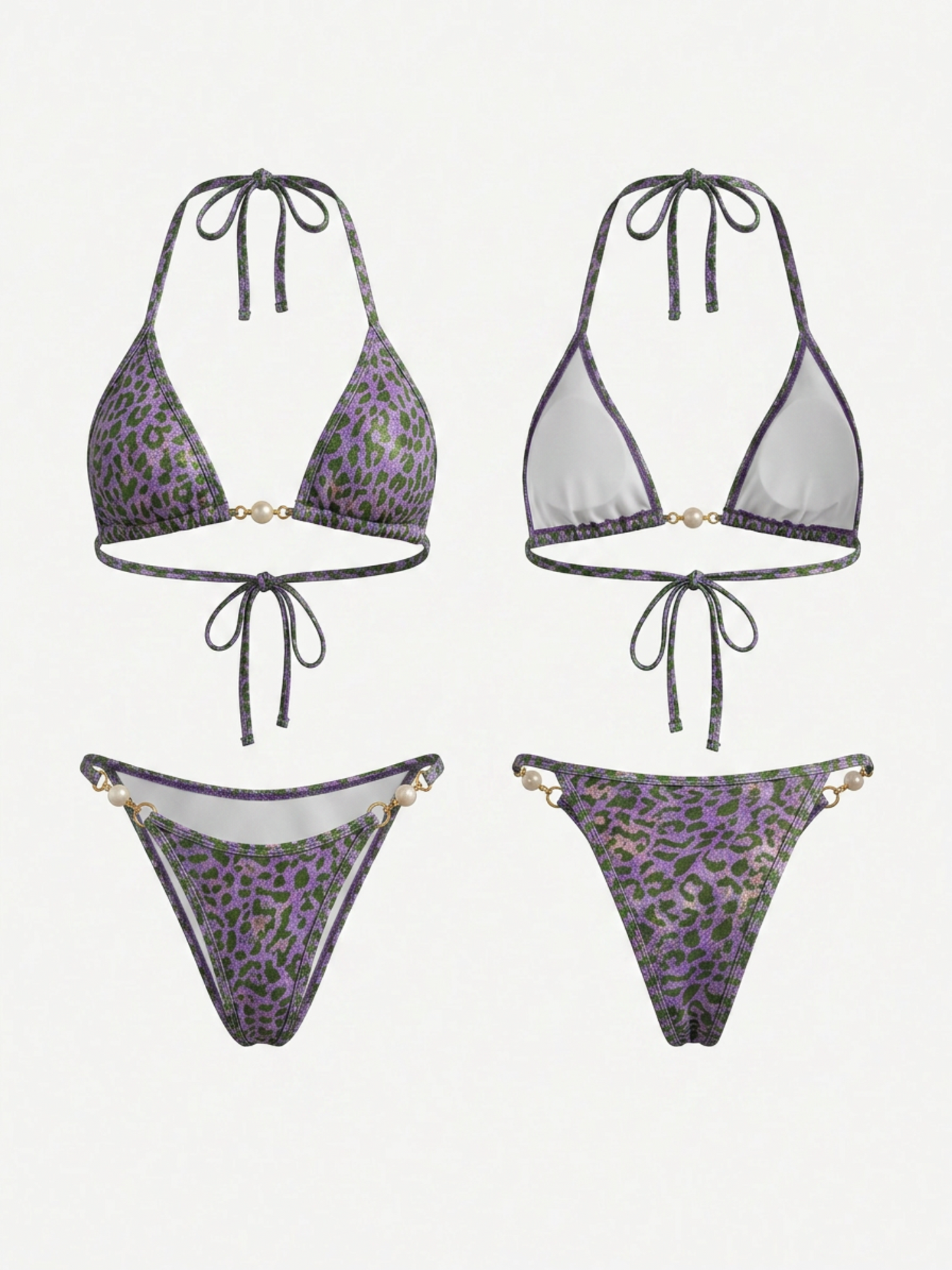 Holographic Green Leopard Halter Bikini Set