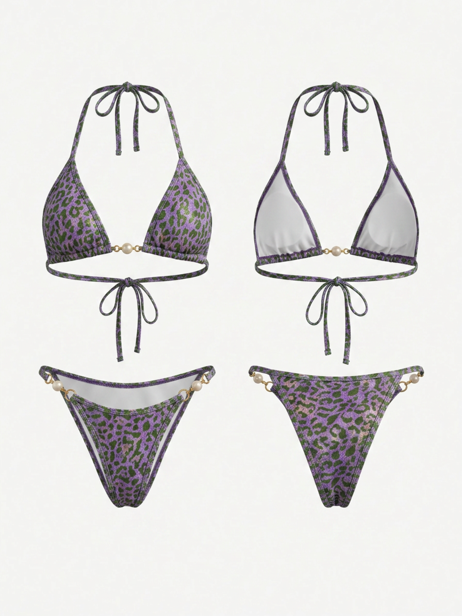 Holographic Green Leopard Halter Bikini Set