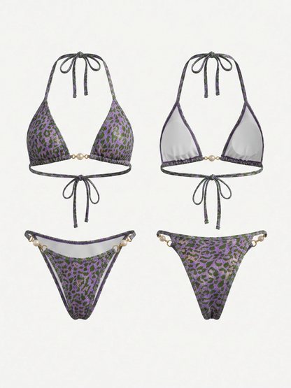 Holographic Green Leopard Halter Bikini Set