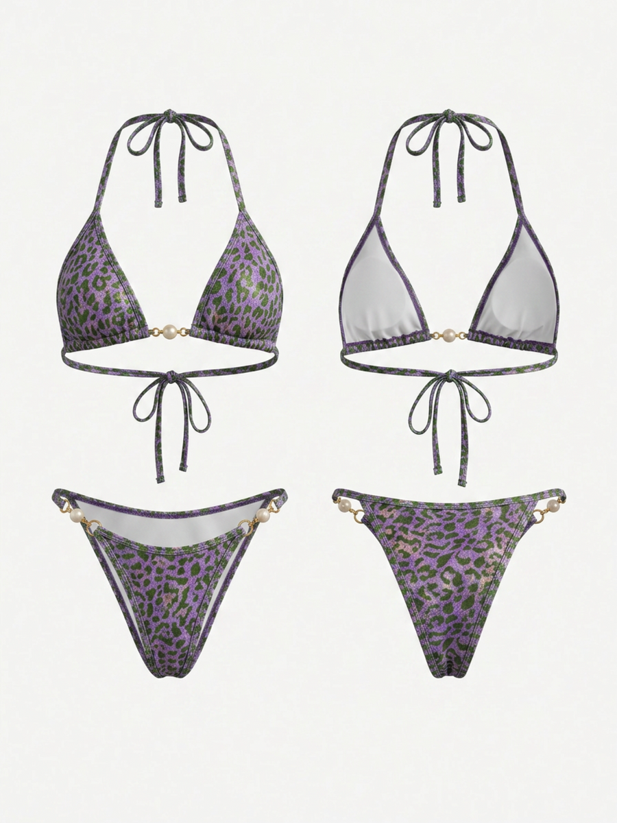 Holographic Green Leopard Halter Bikini Set