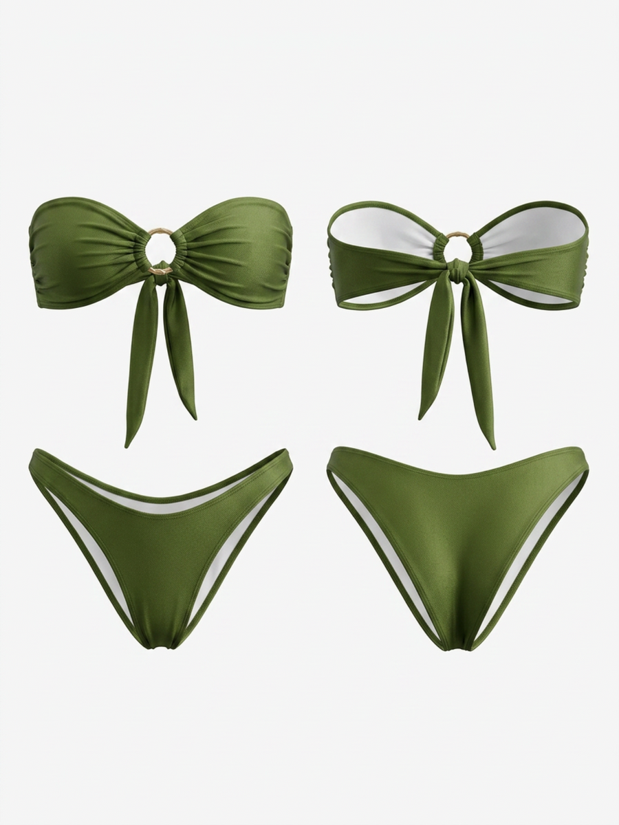 Shiny Green Satin Bandeau Bikini Set