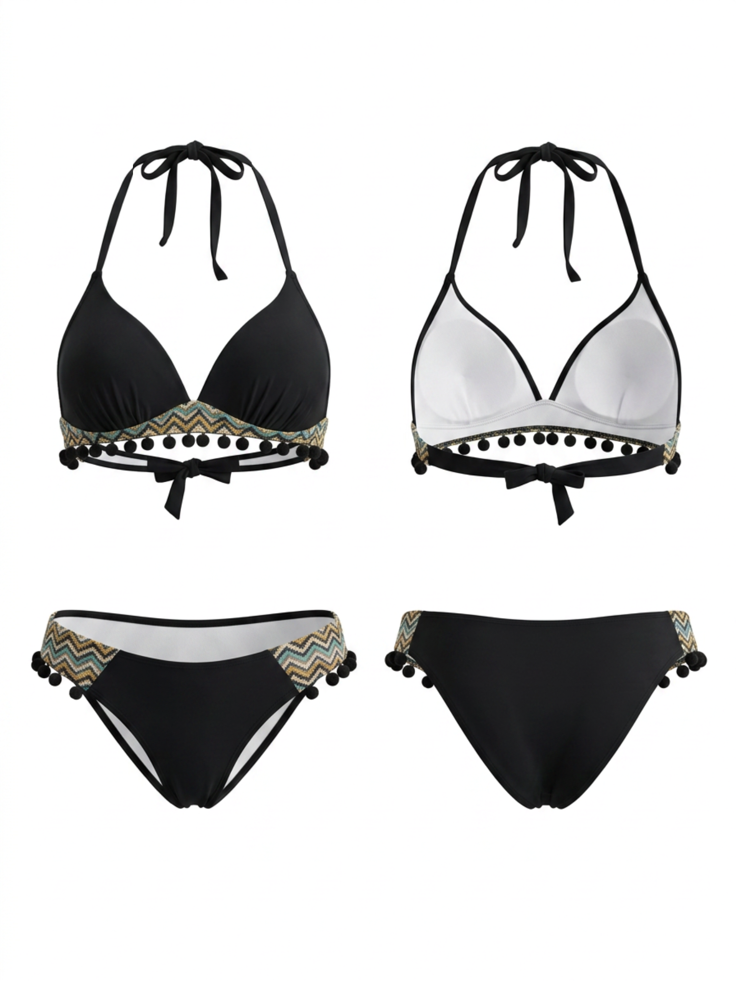 Trendy Boho Pom Pom Trim Halter Two Piece Bikini Set