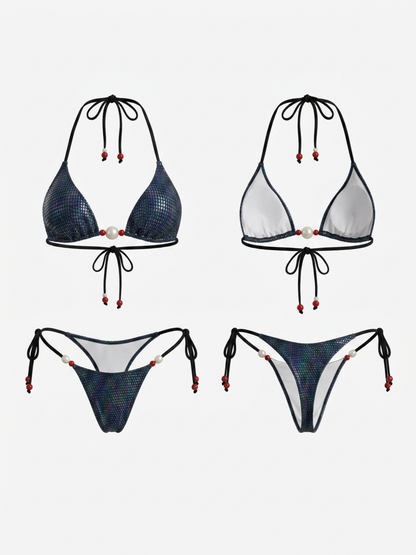 Iridescent Glitter Mesh Halter Bikini Set