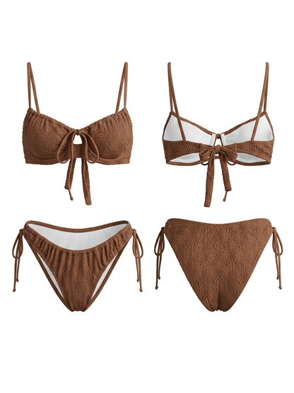 Brown Textured Ruched Bikini Set