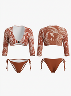 Red Ripple Print Long Sleeve Sun Protection Bikini