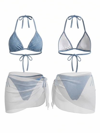 Denim Print Halter Bikini 3 Piece Set