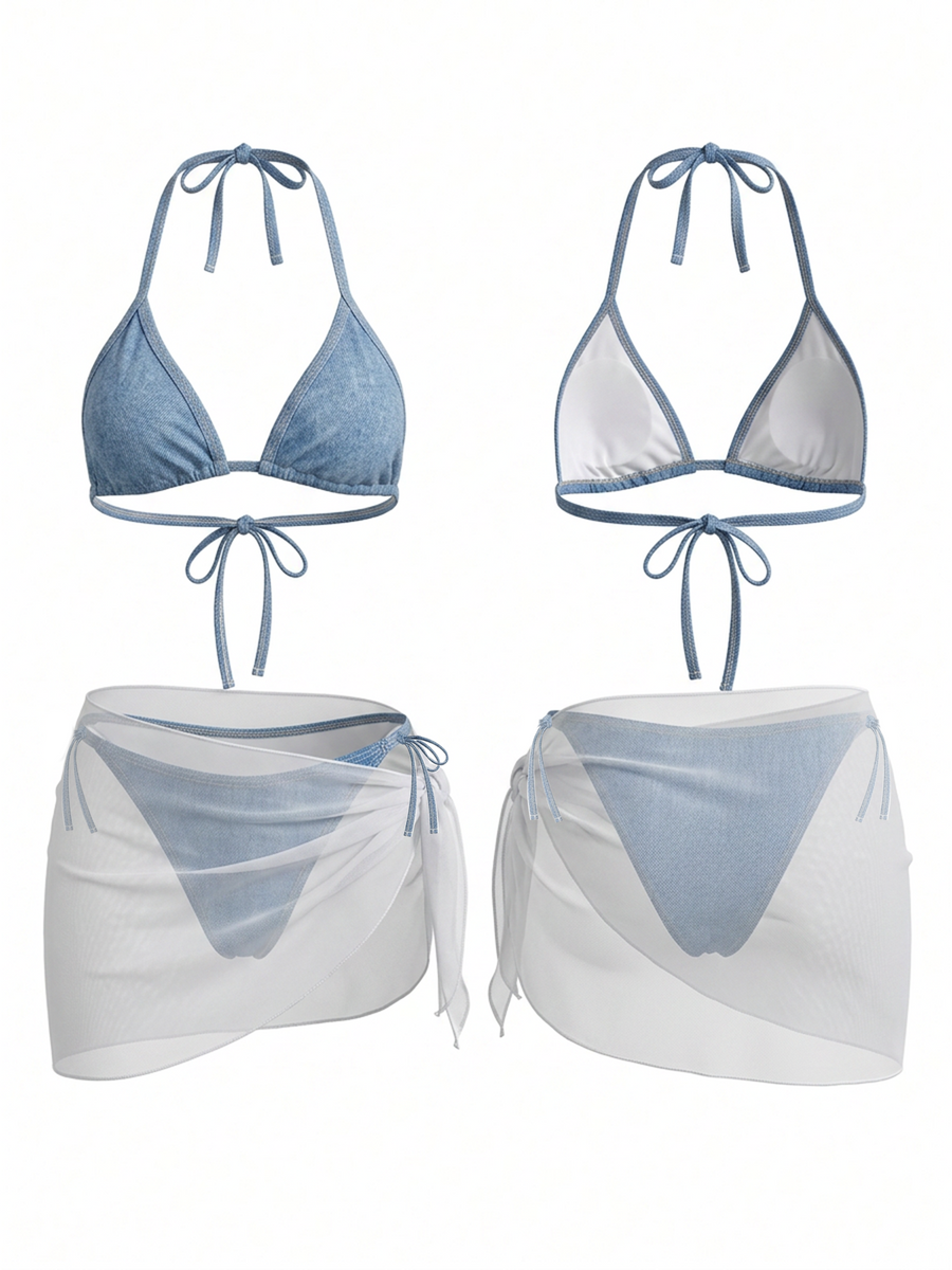 Denim Print Halter Bikini 3 Piece Set