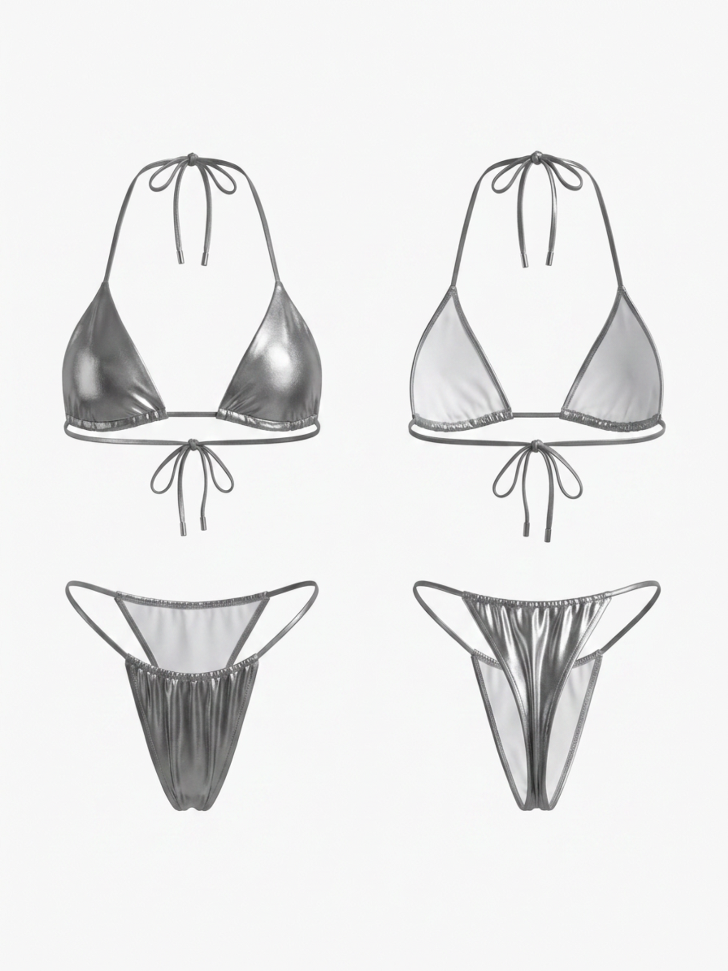 Metallic Silver Shiny String Triangle Thong Bikini